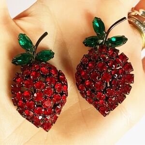 Vintage Signed Warner Strawberry Red & Green Rhinestone Brooches / Pins Set of 2